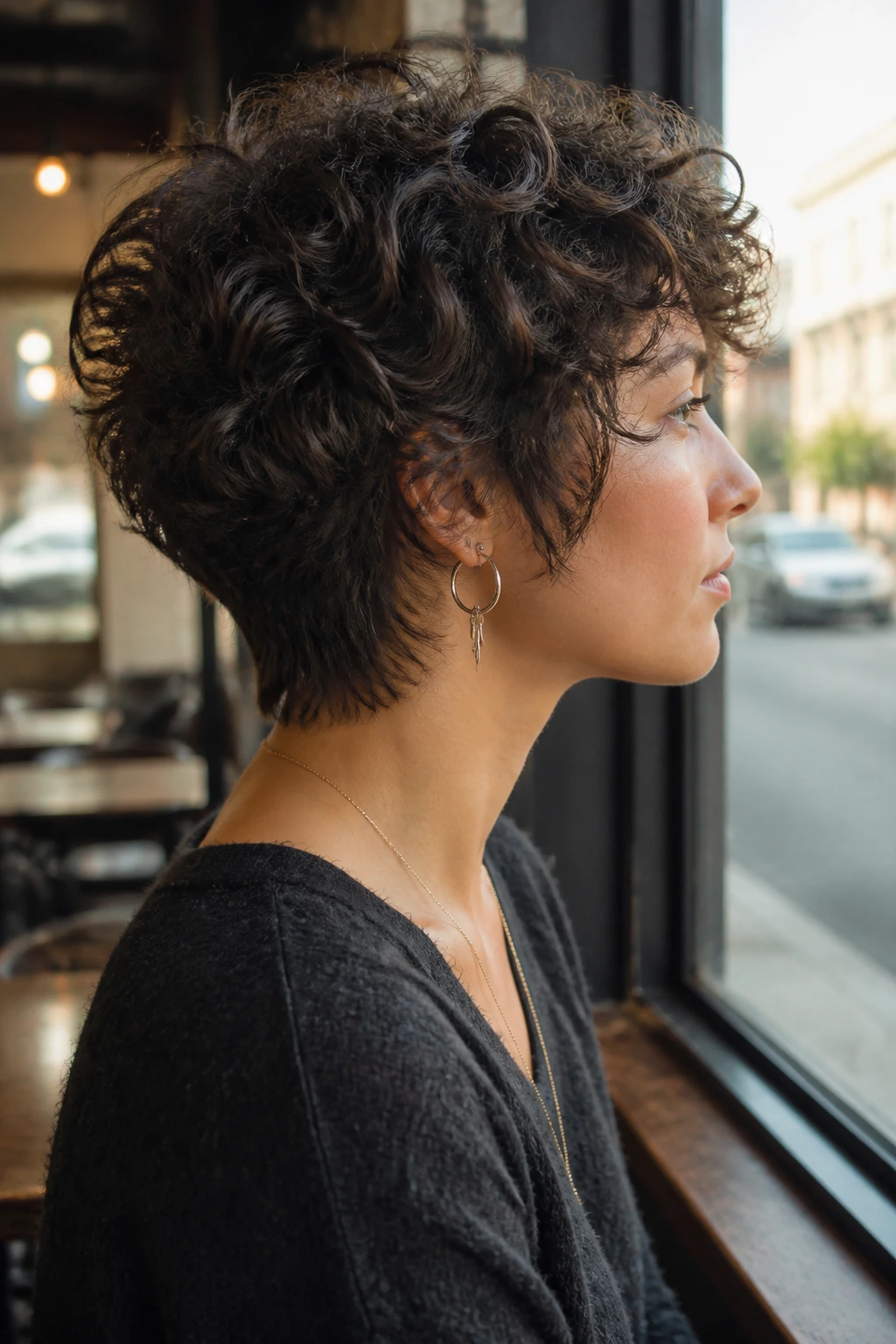 Side-profile portrait of a real person with a tapered nape shag showing a clean neckline and layered back.