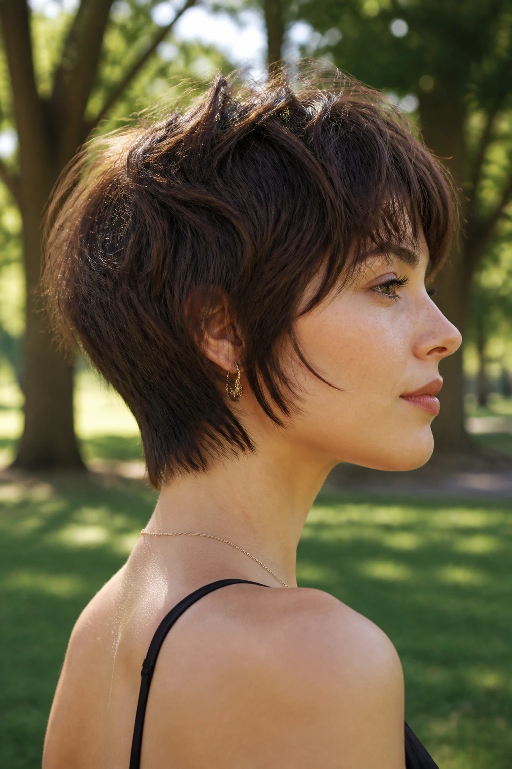Real woman with tapered nape shag in park lighting
