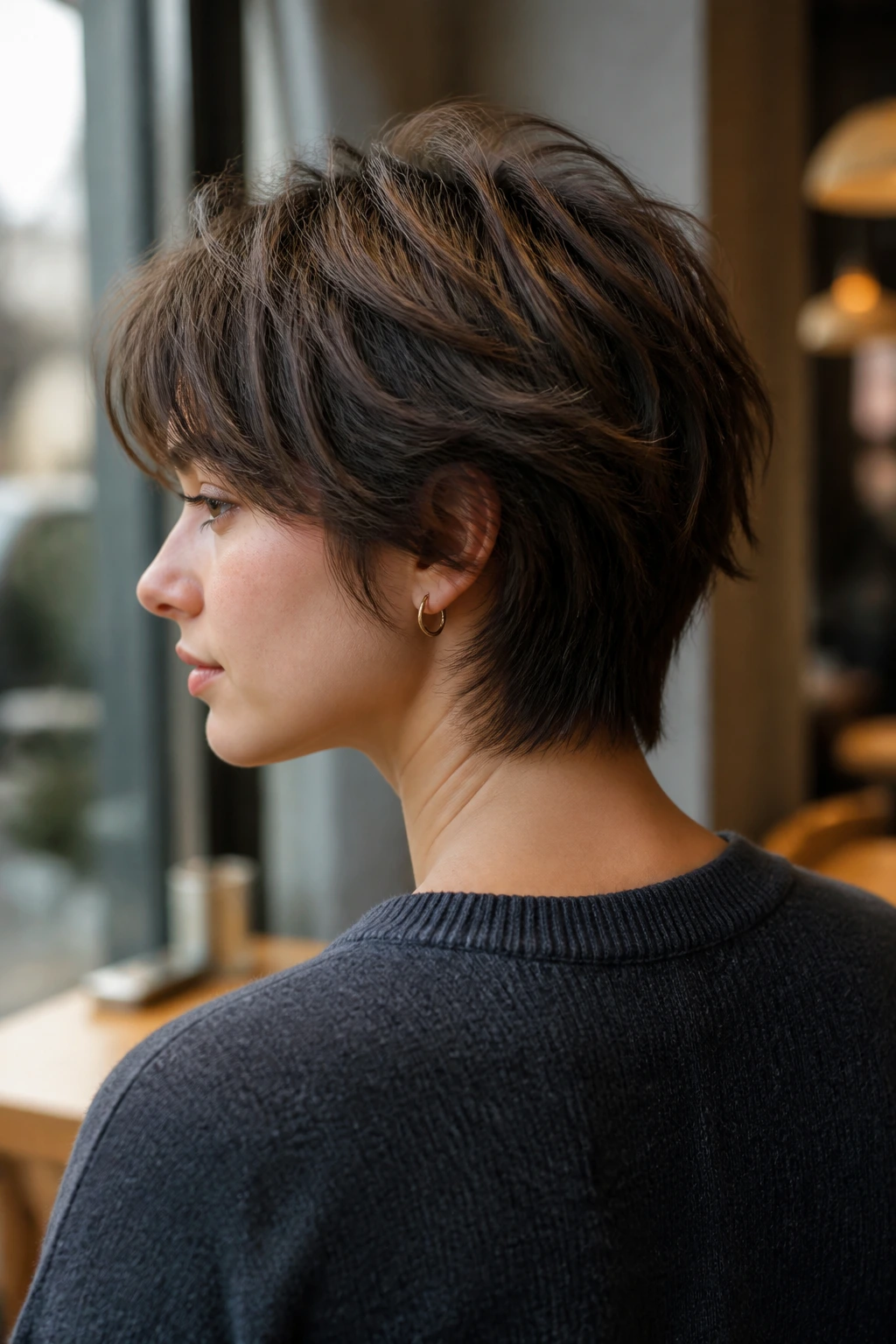 Portrait showing tapered nape shag with short back and soft crown in a cafe setting