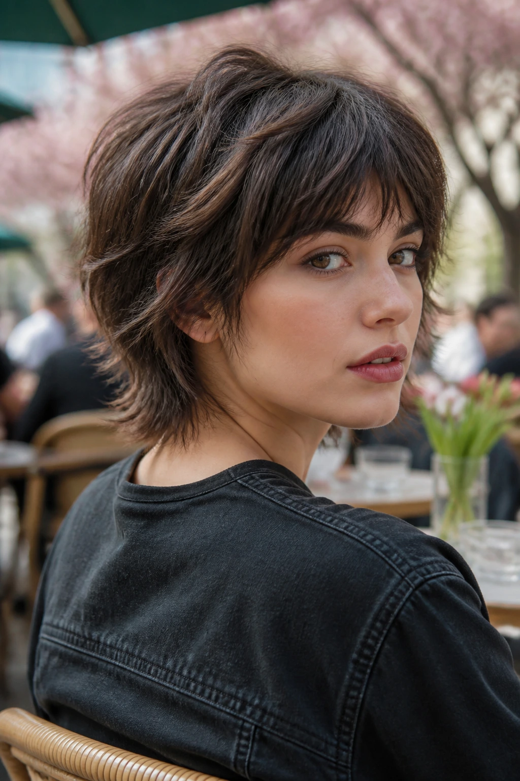 Portrait of real woman with tapered-nape shag showing tapered nape and crown lift