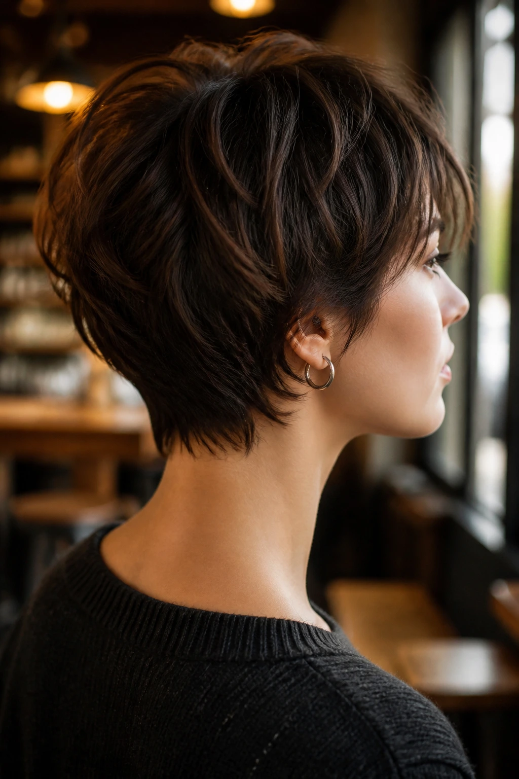 Profile view of a real person with tapered nape shag showing a clean neck