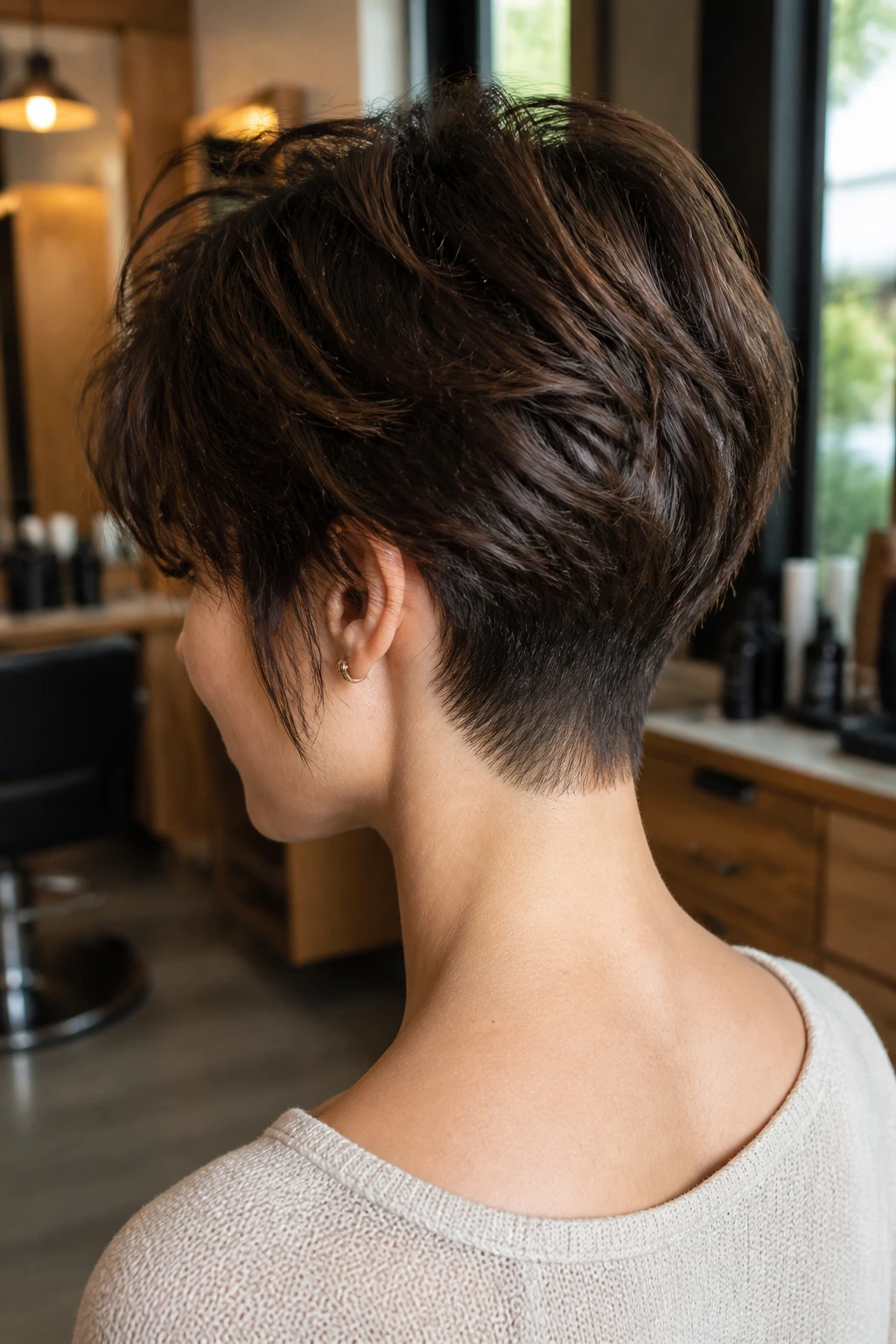 Close-up portrait of real person with tapered nape shag showing clean nape and shaggy crown