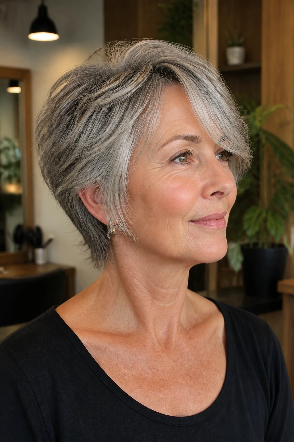 Three-quarter portrait of a real woman with tapered nape and side sweep.