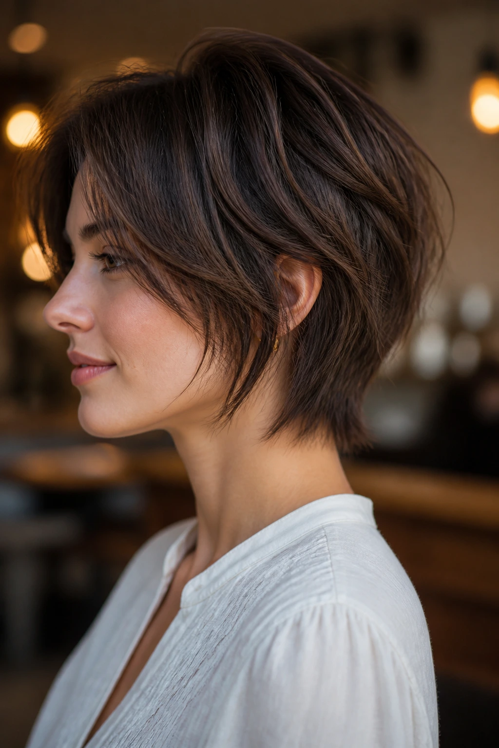 Close-up portrait of a real woman with tapered nape shag in warm cafe light