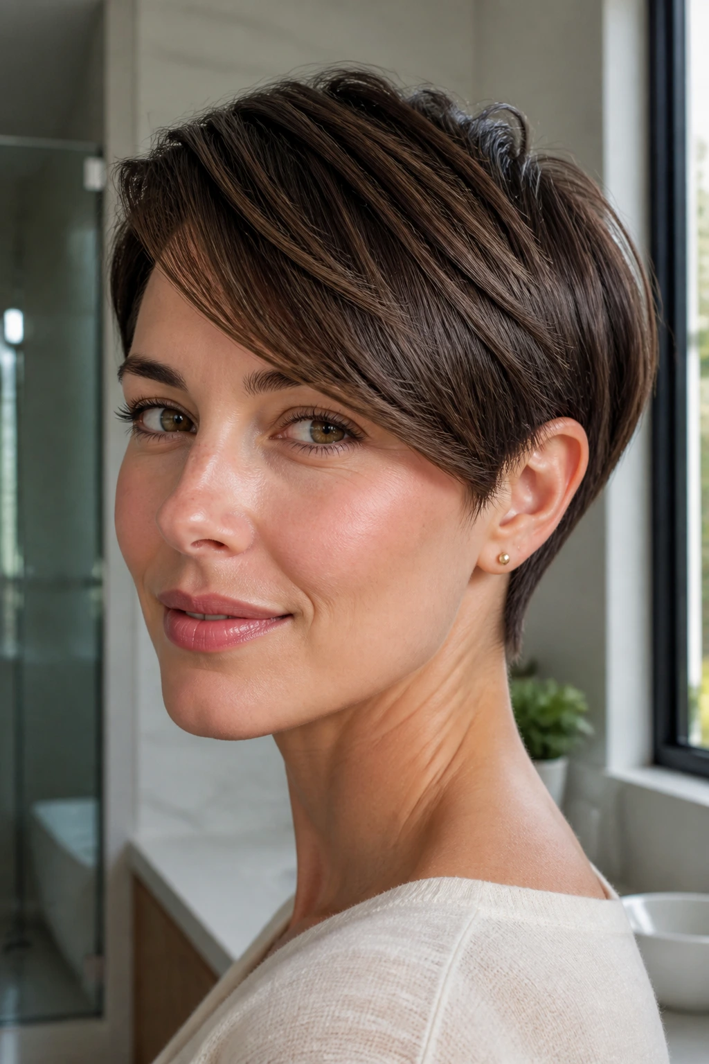 Close-up of a real woman with tapered nape and soft front sweep hairstyle