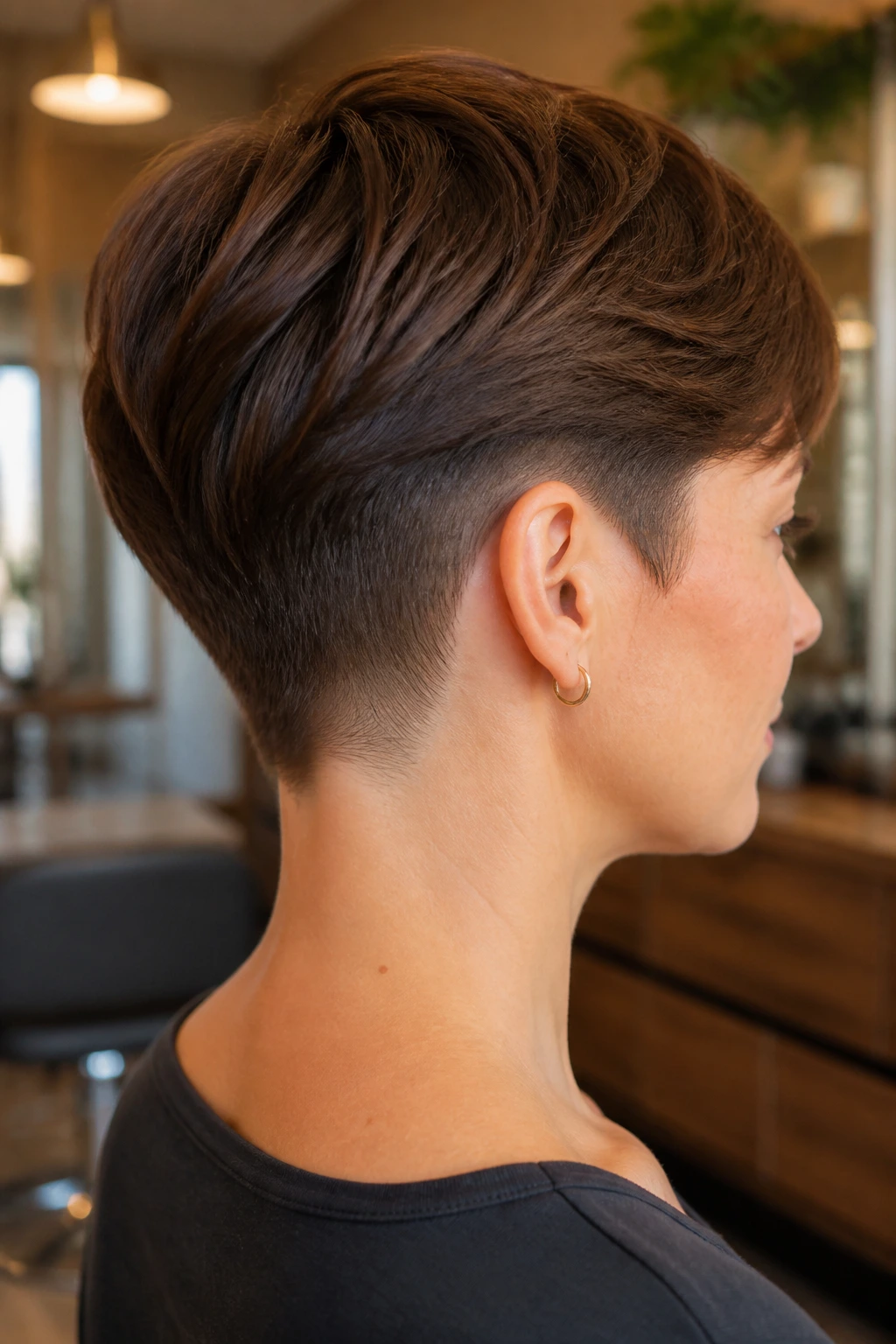 Close-up portrait of a person with a tapered nape undercut in a warm salon interior