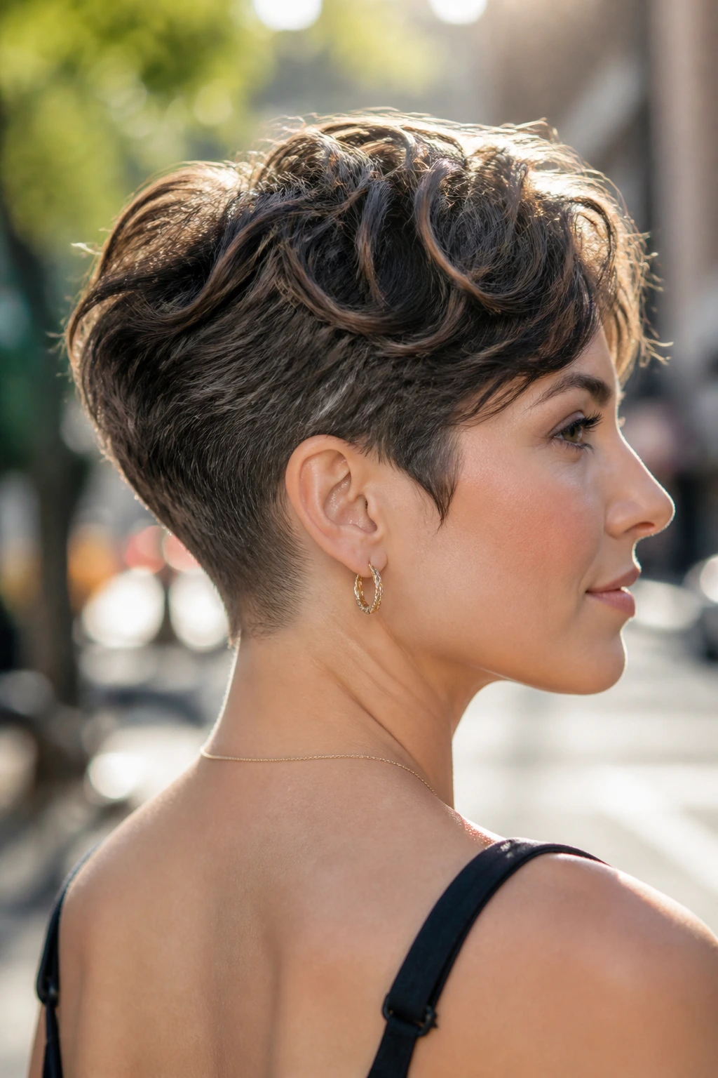 Portrait of a real woman with tapered nape wave crop hairstyle