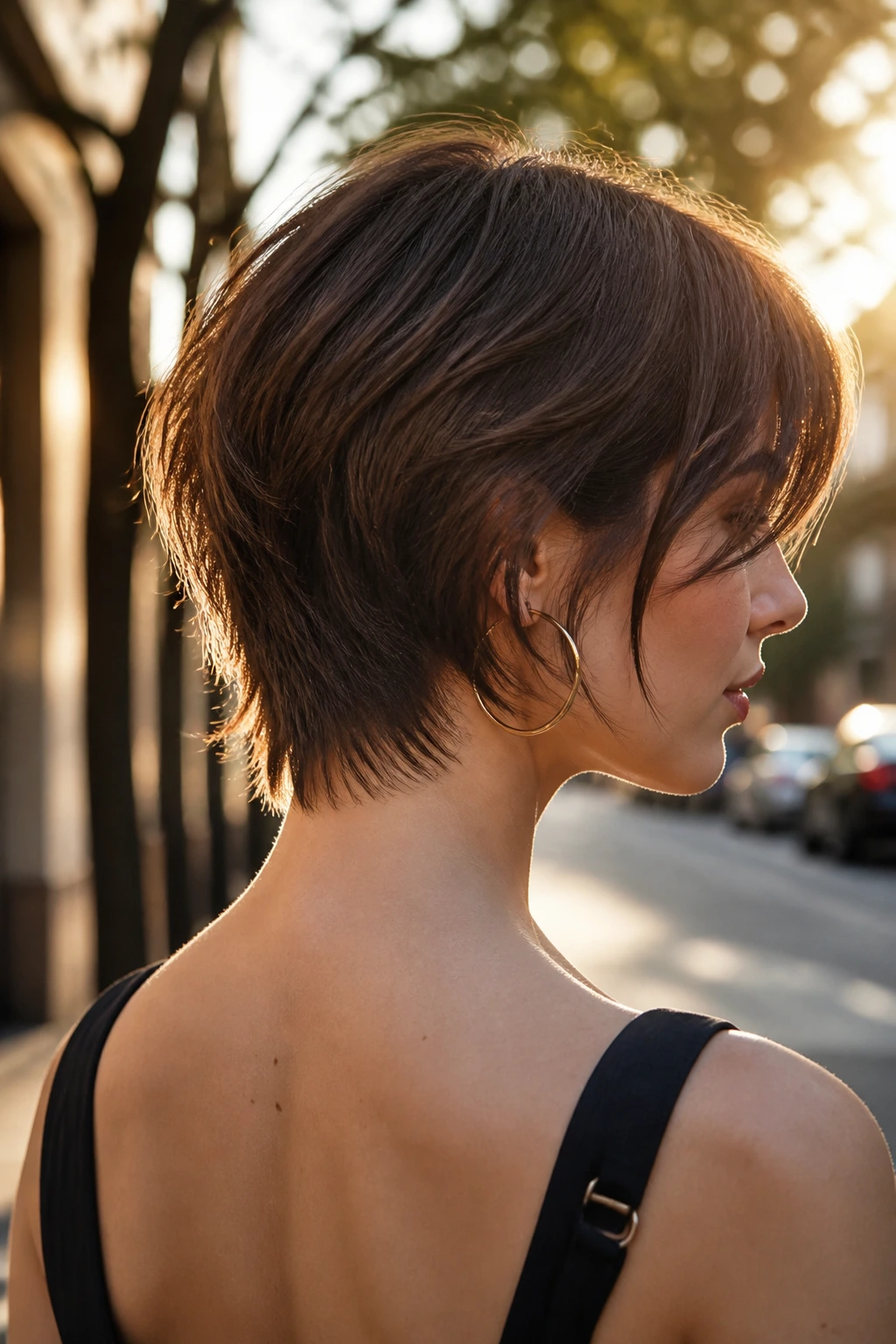 Three-quarter rear portrait of a real woman with tapered nape wolf cut highlighting the neck