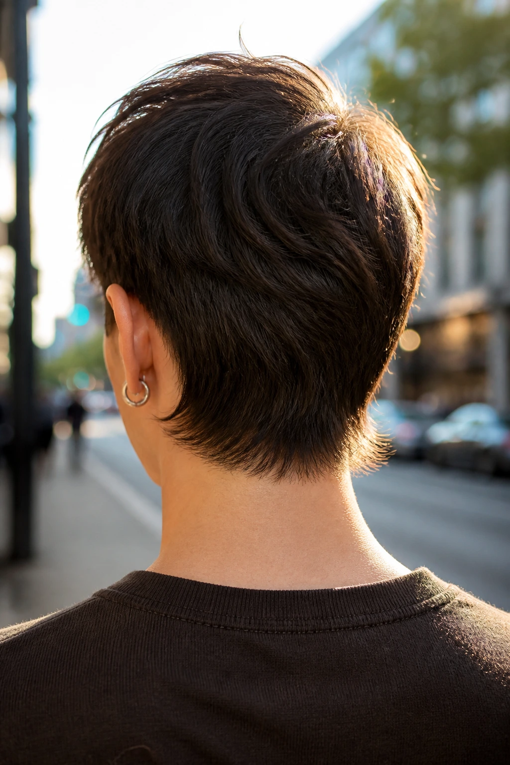 Back-of-head portrait of a real person with a tapered nape wolf mullet.