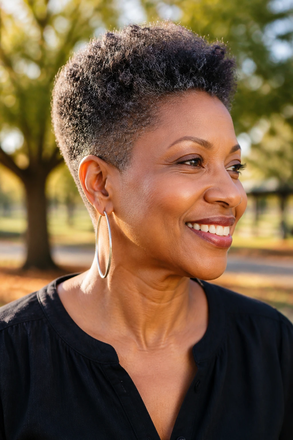 Portrait of a person with a tapered natural Afro crop in sunlight