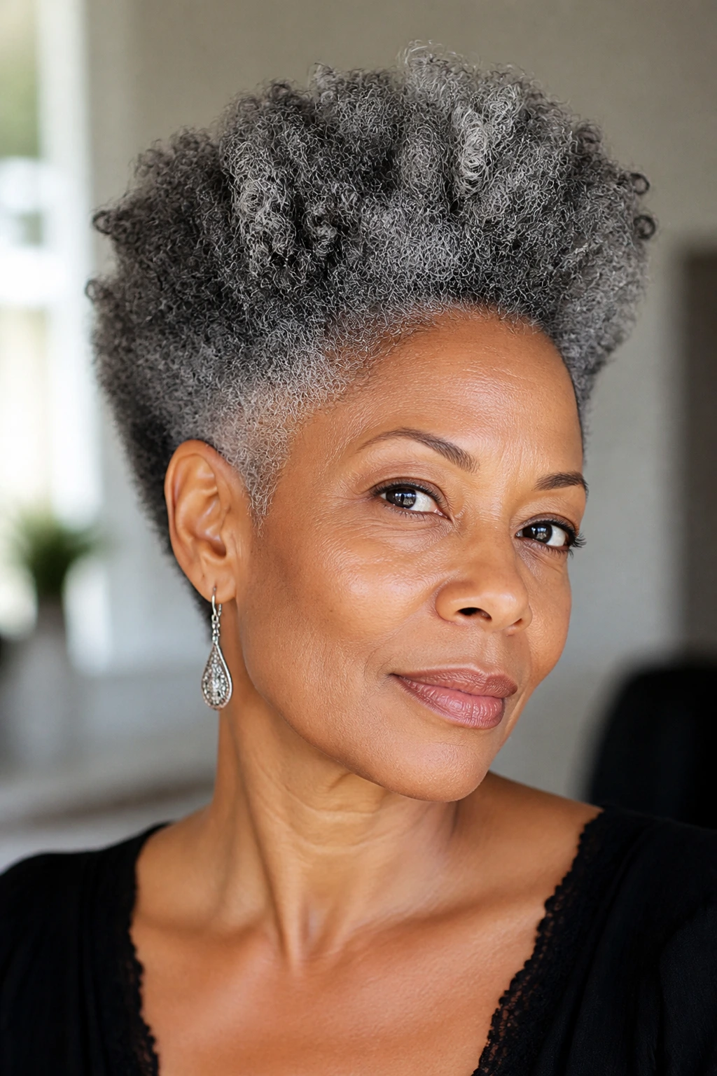 Close-up of a real woman with a gray tapered Afro under natural light.