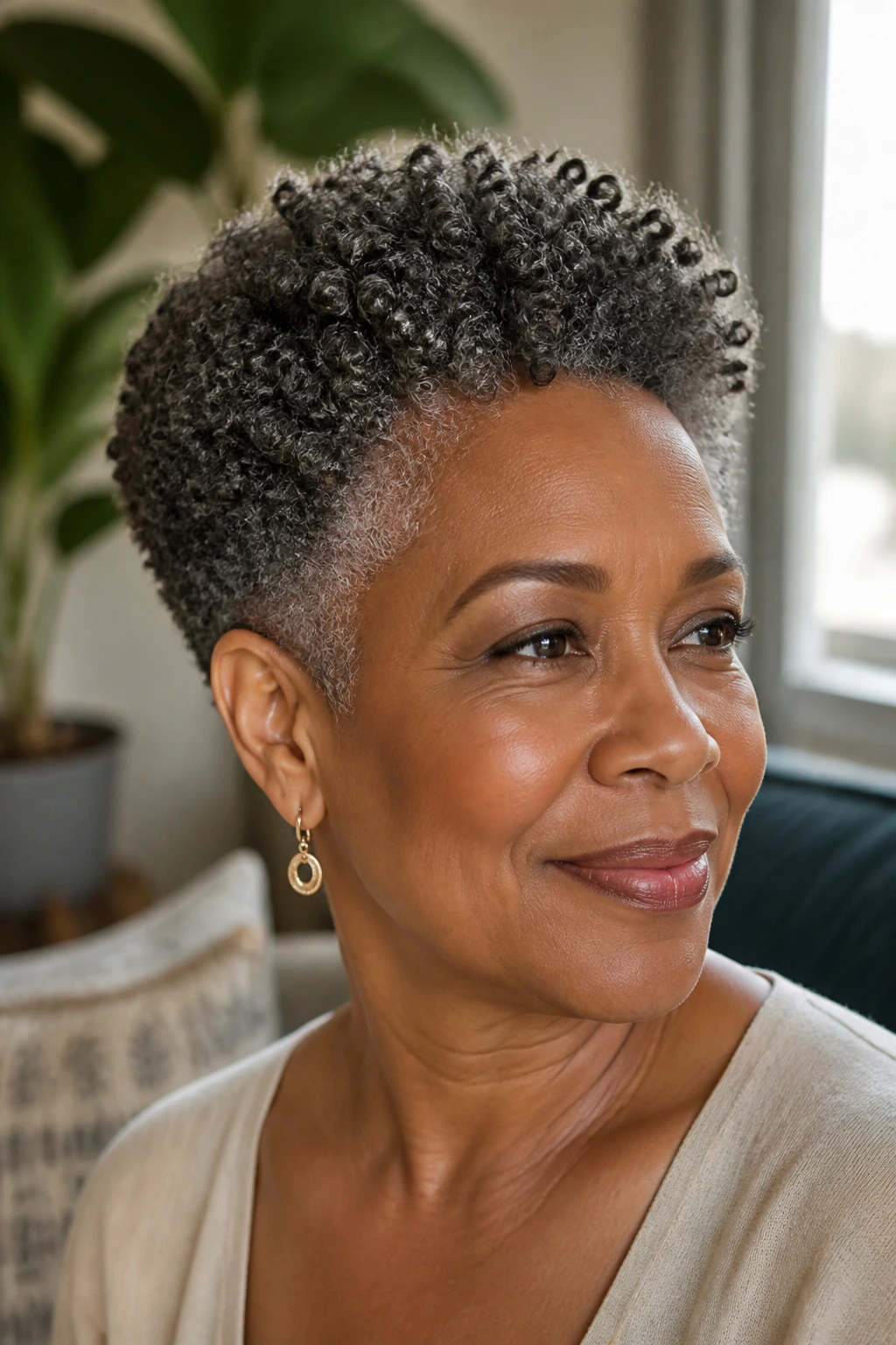 Portrait of a woman with a tapered natural-coil haircut showing defined curls