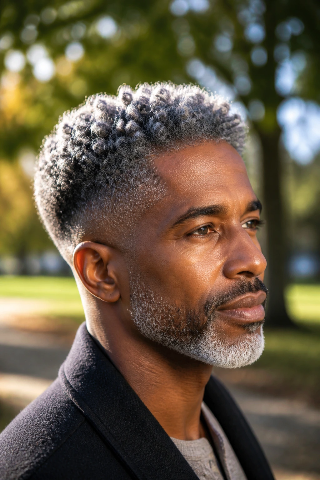 Close-up of a man with tapered natural coils in a park setting