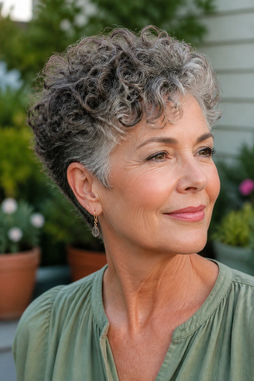 Close-up of a real woman with a tapered natural curl haircut