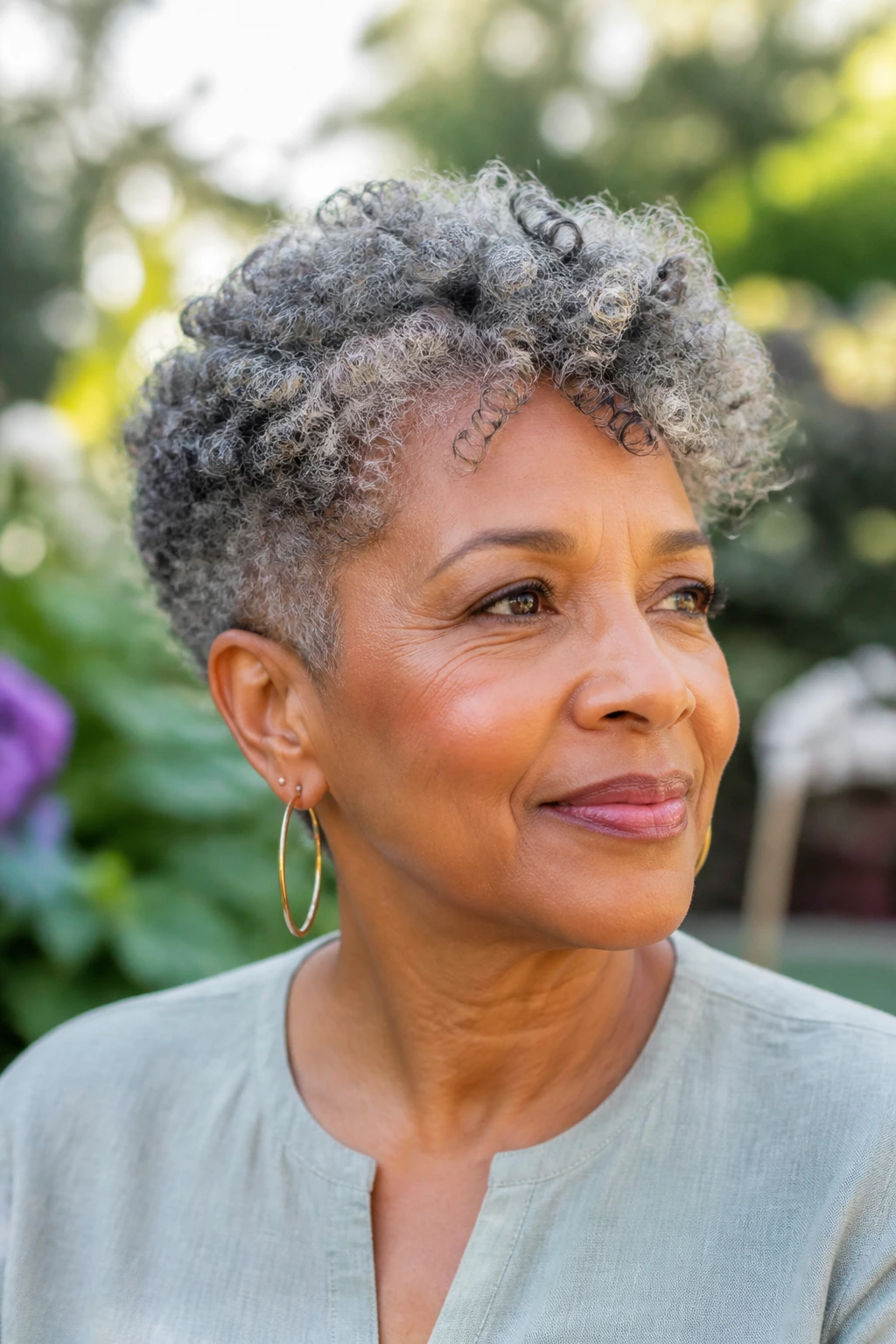 Close-up portrait of a real woman with tapered natural curls in natural light