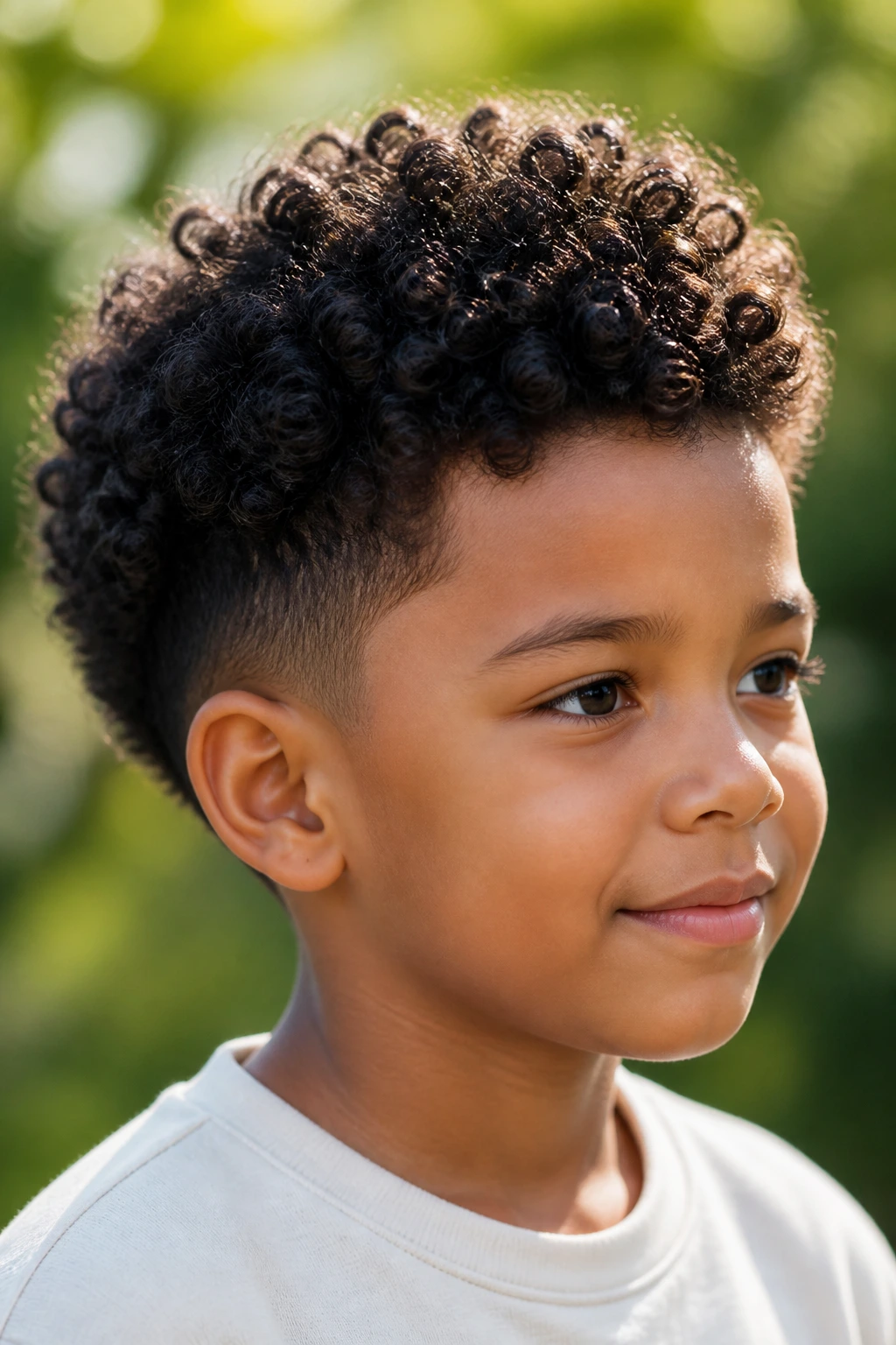 Close-up portrait of a real boy with tapered natural curls and a soft smile.