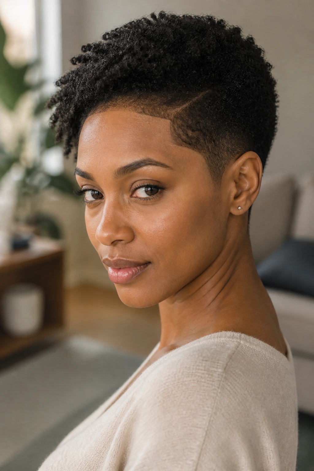 Close-up portrait of a real person with tapered natural cut and defined edges on oval face