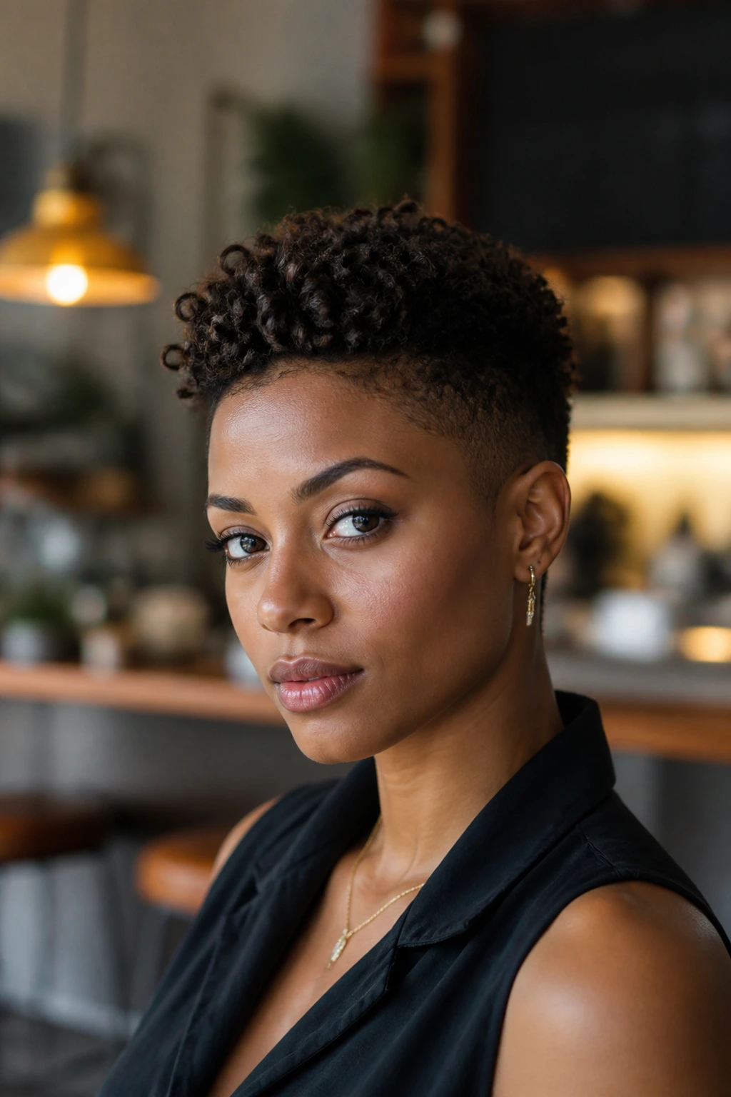 Close-up of a real person with a tapered natural cut in a cafe