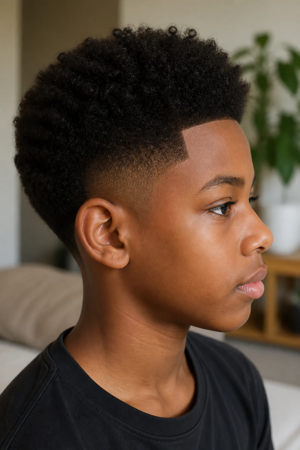 Child with a tapered natural fro and a clean outline, shown in soft natural light.