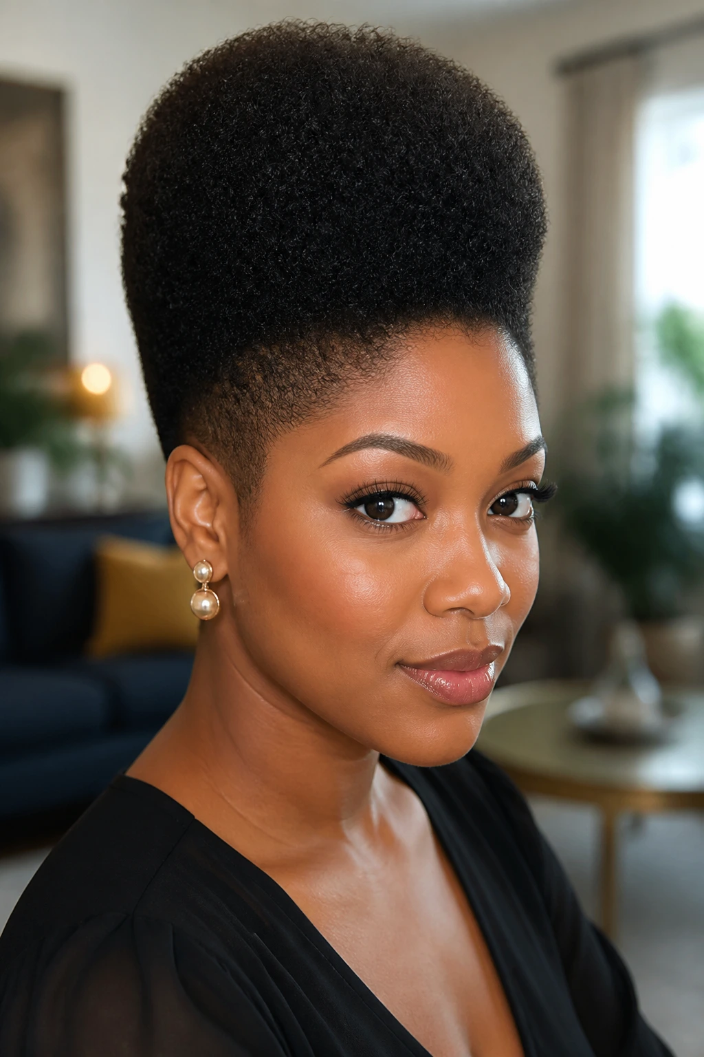 Close-up portrait of a woman with a tapered natural hair beehive and lifted crown in natural light