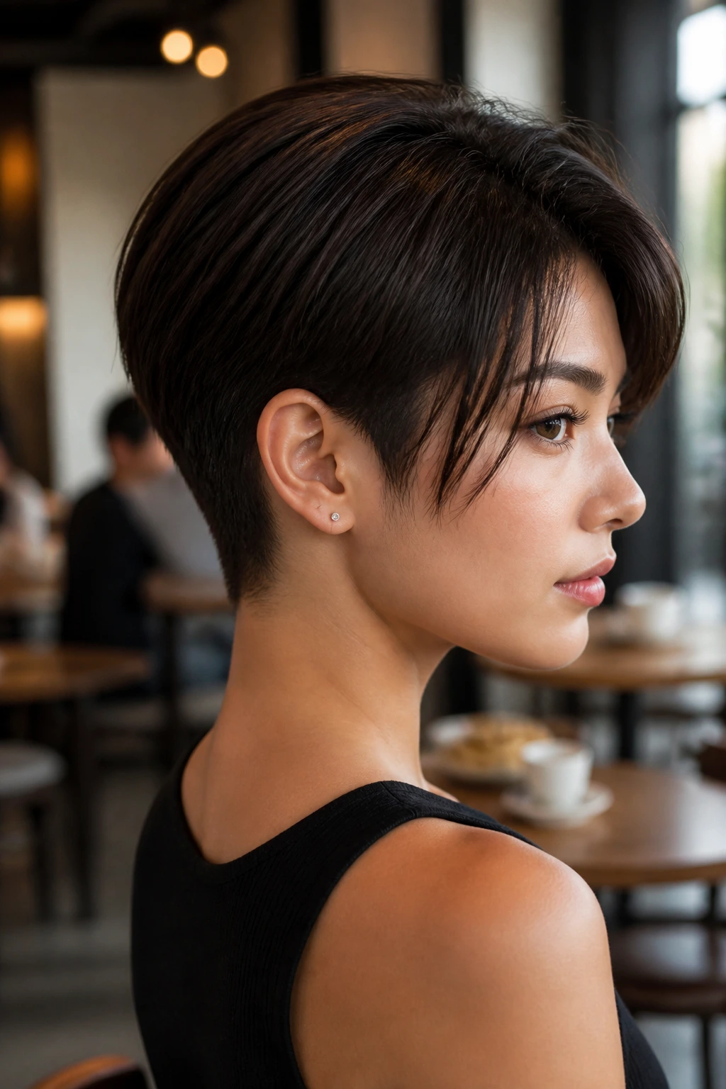 Portrait of a real woman with a tapered neck crop hairstyle