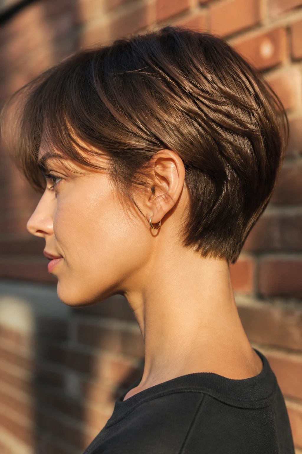 Profile view of a woman with a tapered neck-length haircut