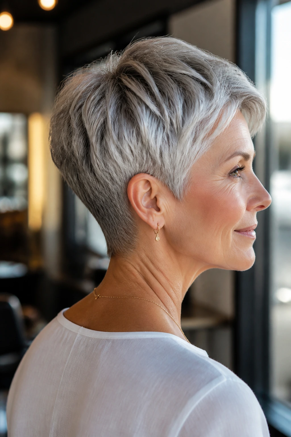 Close-up portrait of a real woman with a tapered neck pixie and clean nape under warm window light.