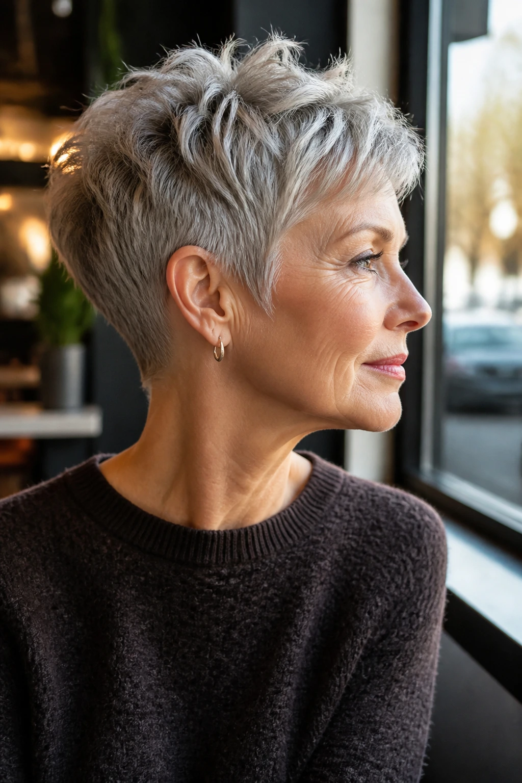 Three-quarter profile of a real woman with a tapered-neck pixie showing a crisp nape.