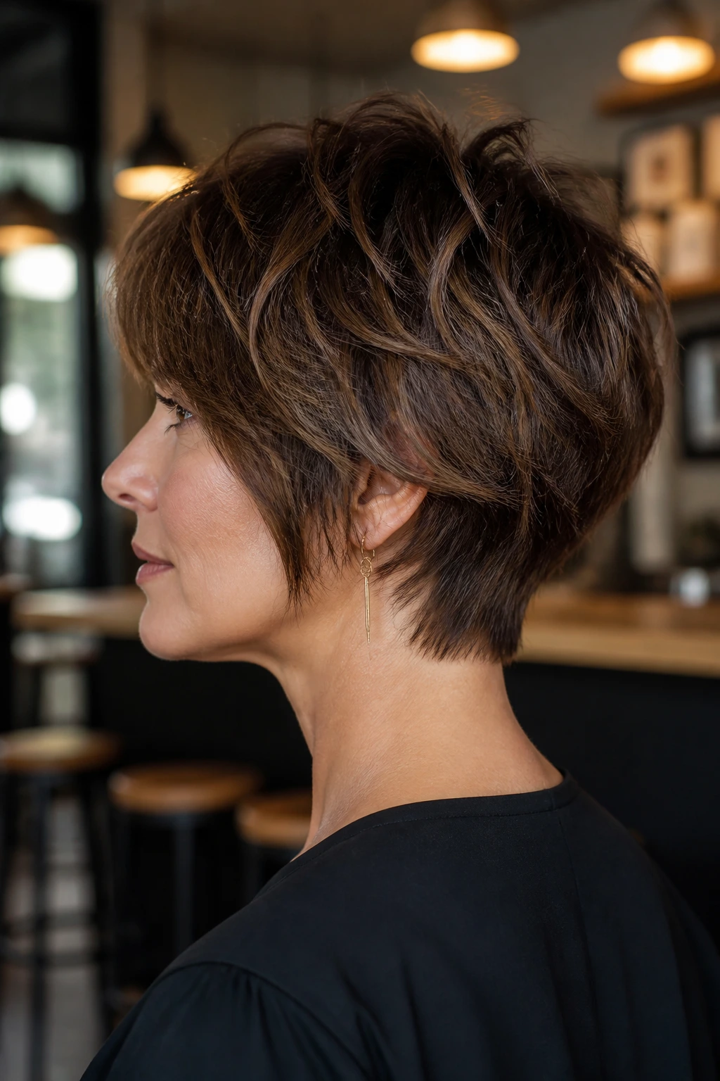 Side-profile portrait of a real person with a tapered neck shag showing a clean nape