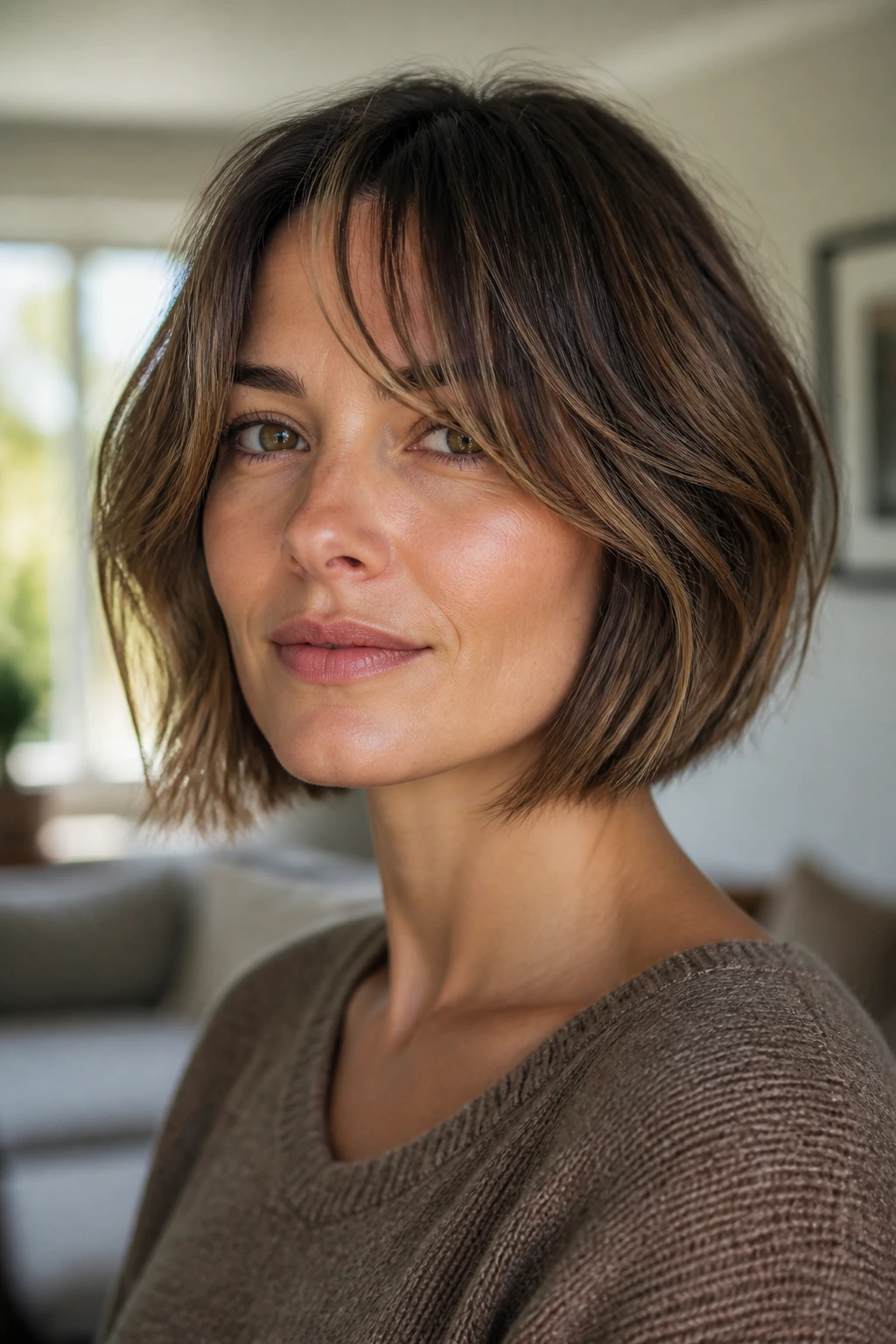Close-up real woman with tapered neckline bob and curtain bangs.