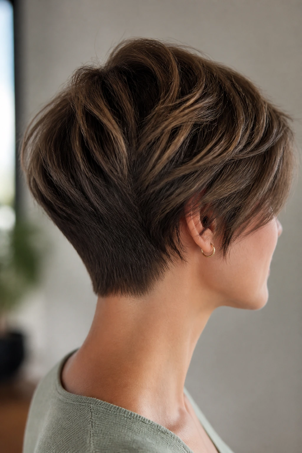 Close-up profile of tapered neckline pixie bob highlighting the nape