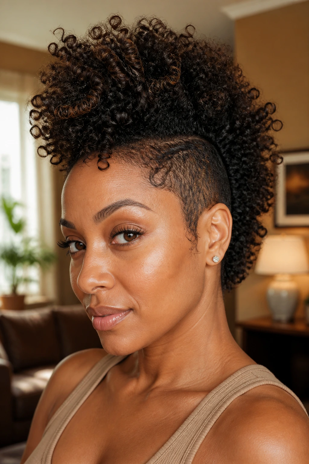 Close-up of a real person with tapered Nubian curls creating a dense mohawk with a fuller center.
