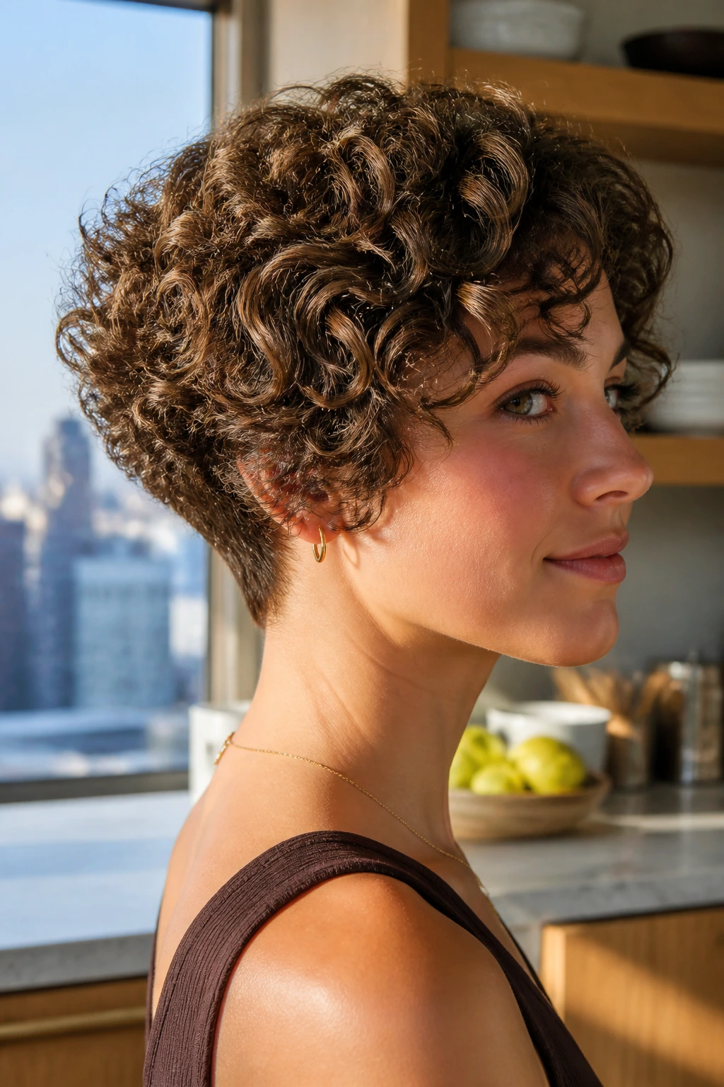 Close-up of a real woman with tapered oval crop hairstyle
