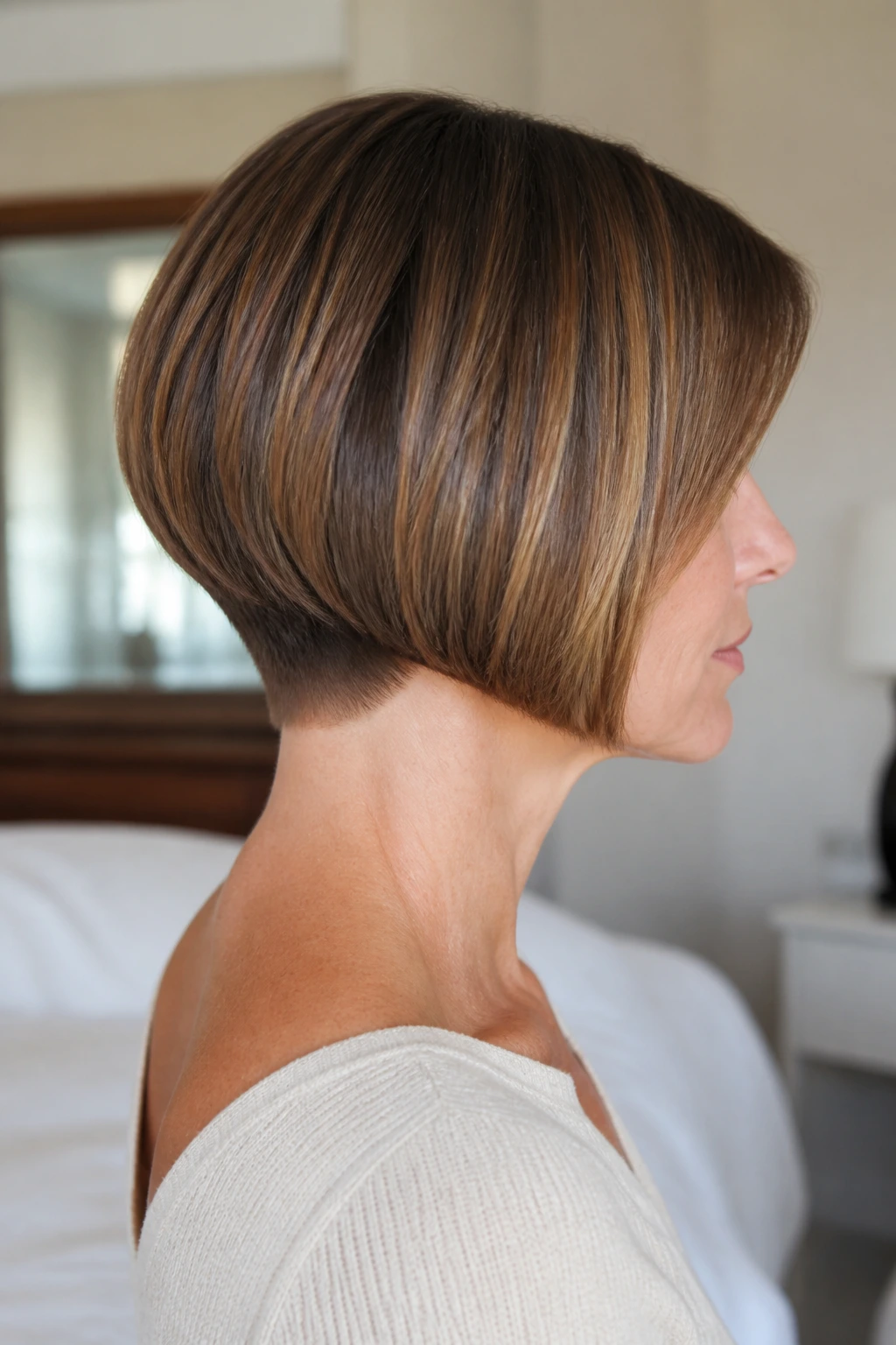 Close-up side-profile of a real person with a tapered pageboy and clean neckline