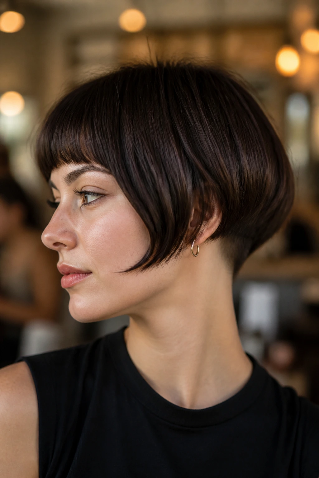 Close-up portrait of a real woman with tapered pageboy edge in warm cafe light