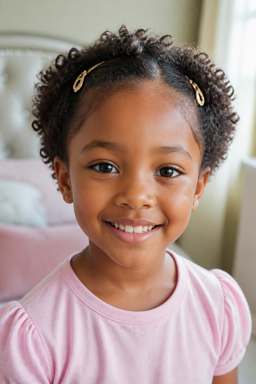 Close-up of a child with tapered pick-out and barrettes above the temples