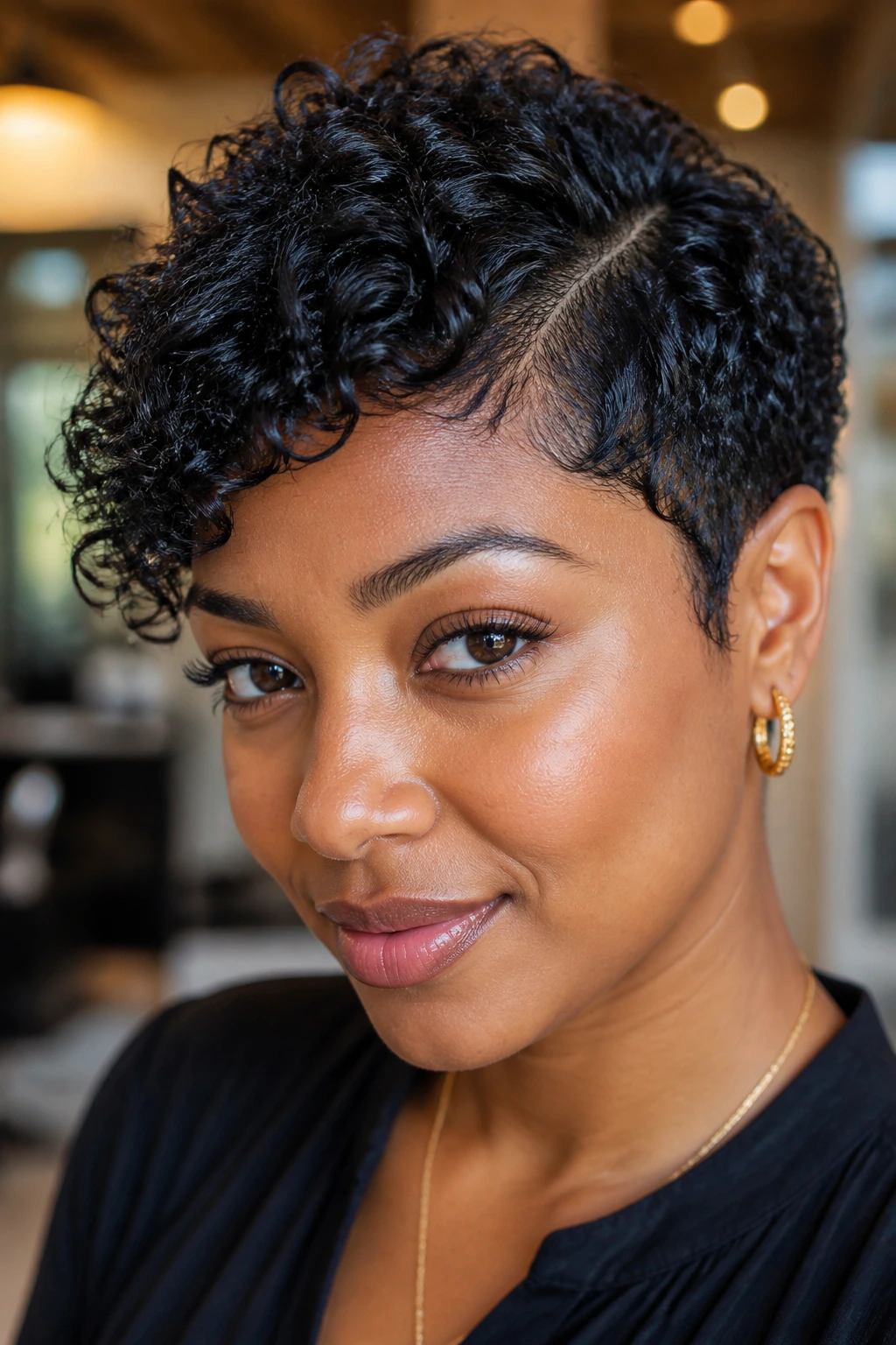 Close-up portrait of real woman with tapered curly pixie and side part.