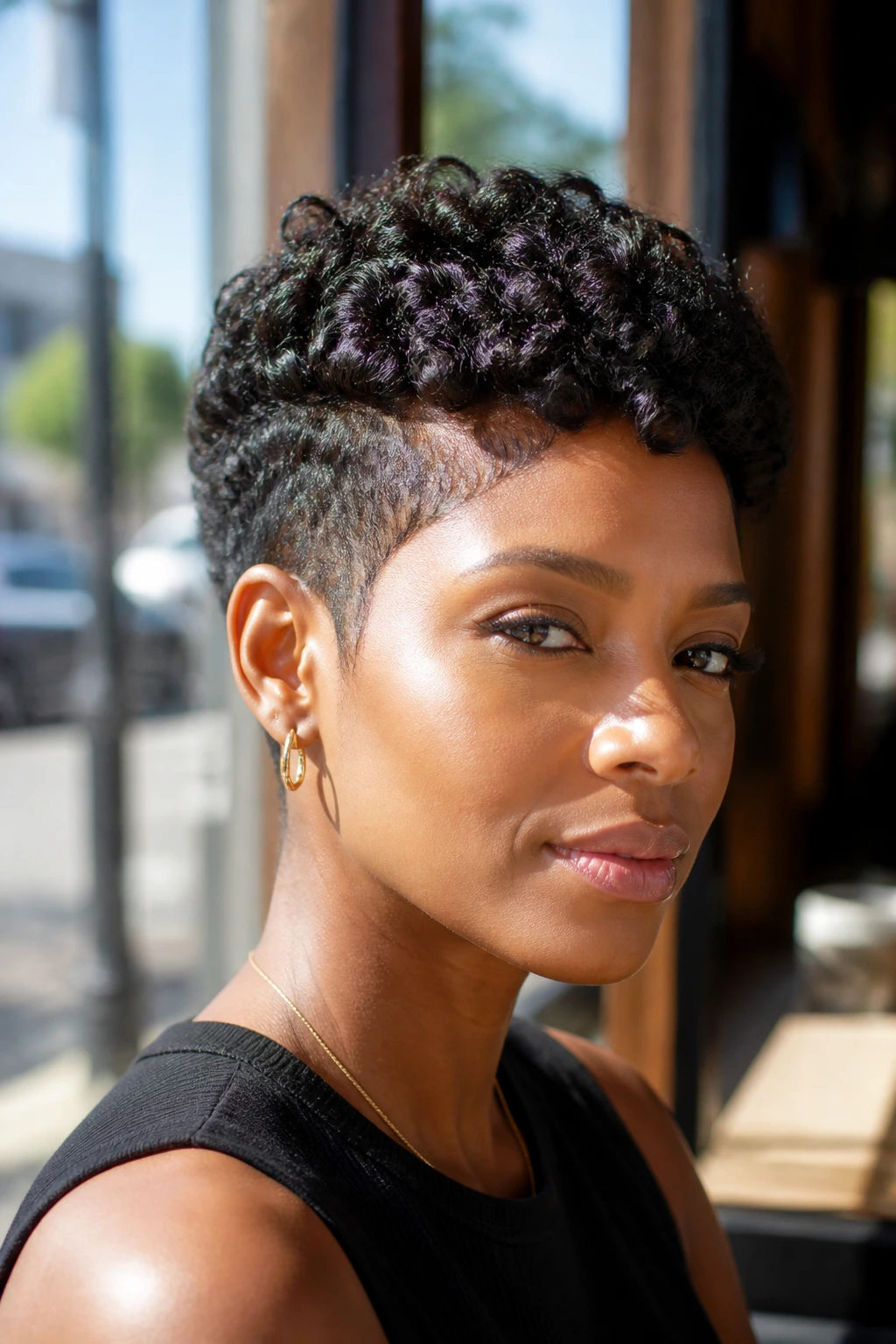 Close-up of a real person wearing a tapered pixie cut with lifted top curls