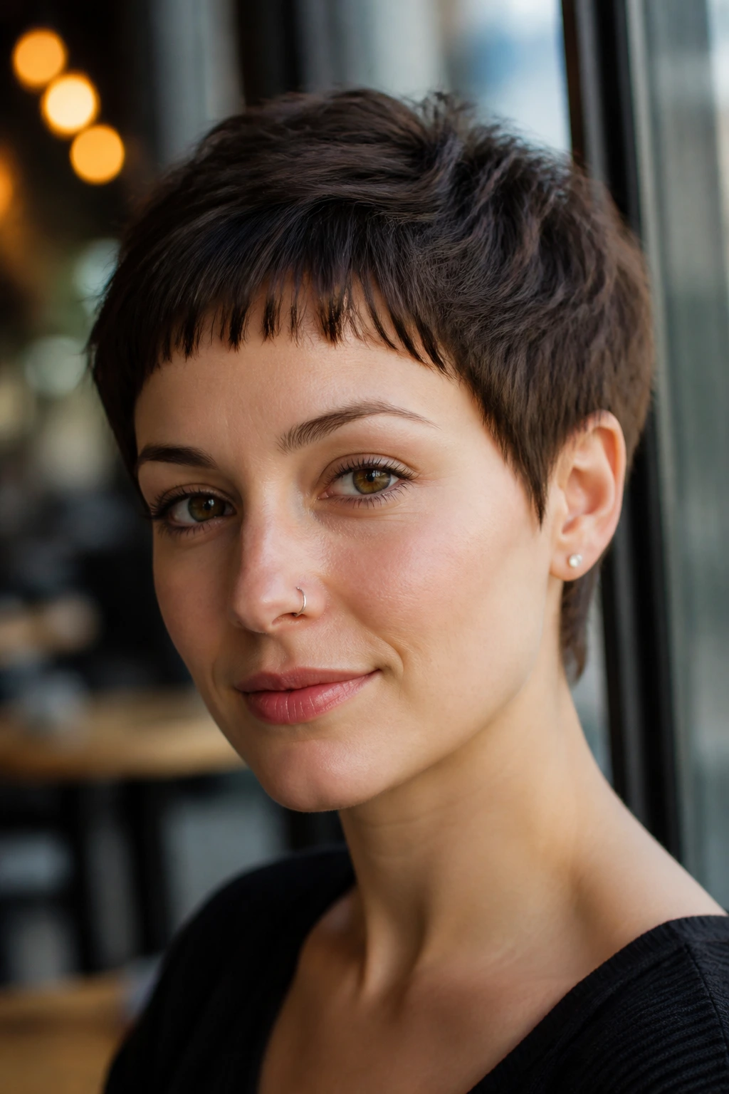 Close-up portrait of a real woman in a cafe setting showing tapered pixie with baby bangs above the brows