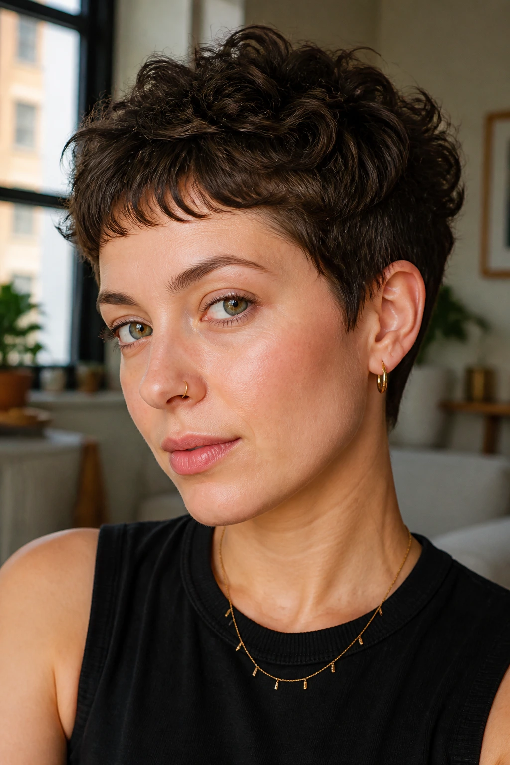Close-up of a real woman with tapered pixie bangs