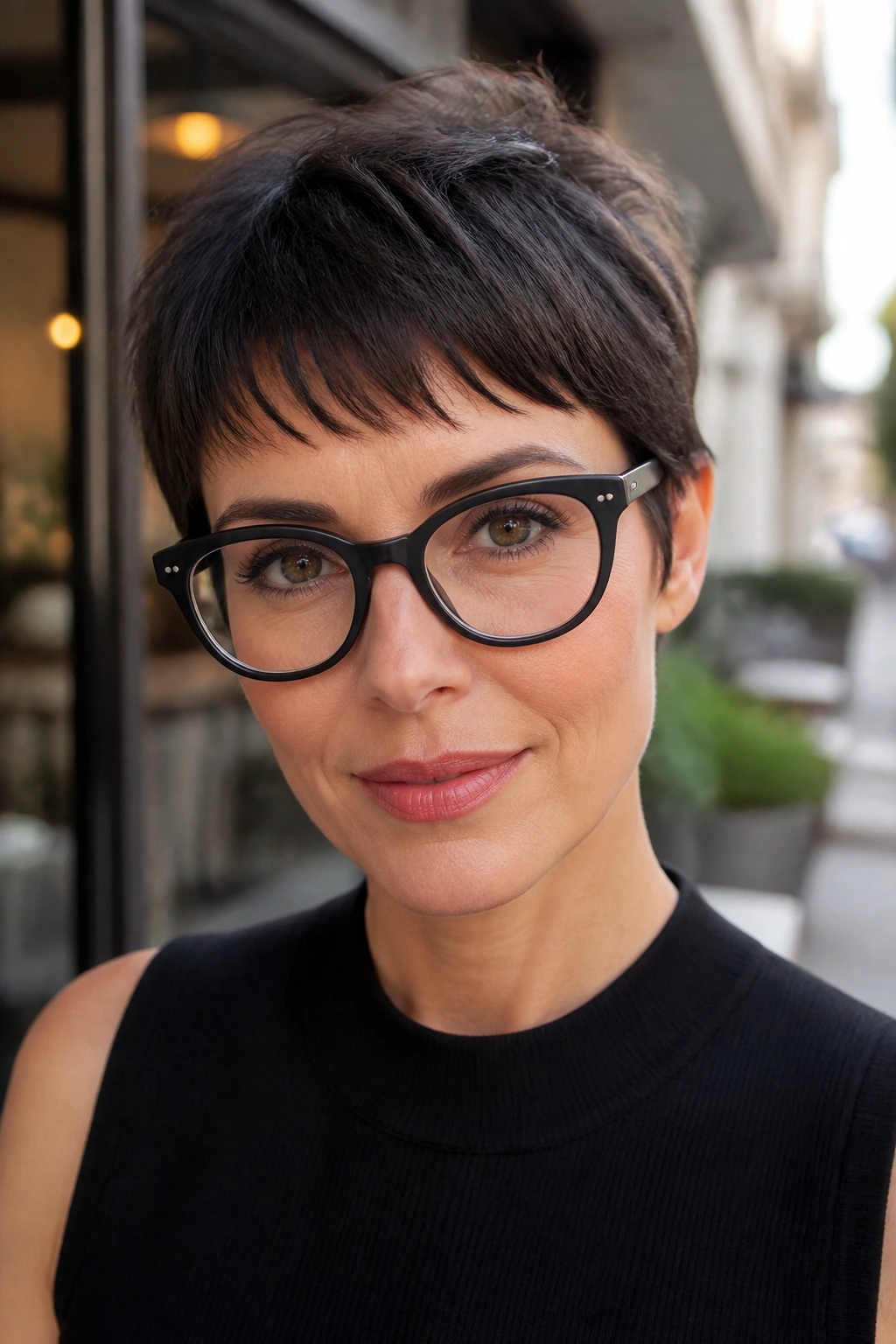 Close-up of a woman with tapered pixie bangs and bold glasses