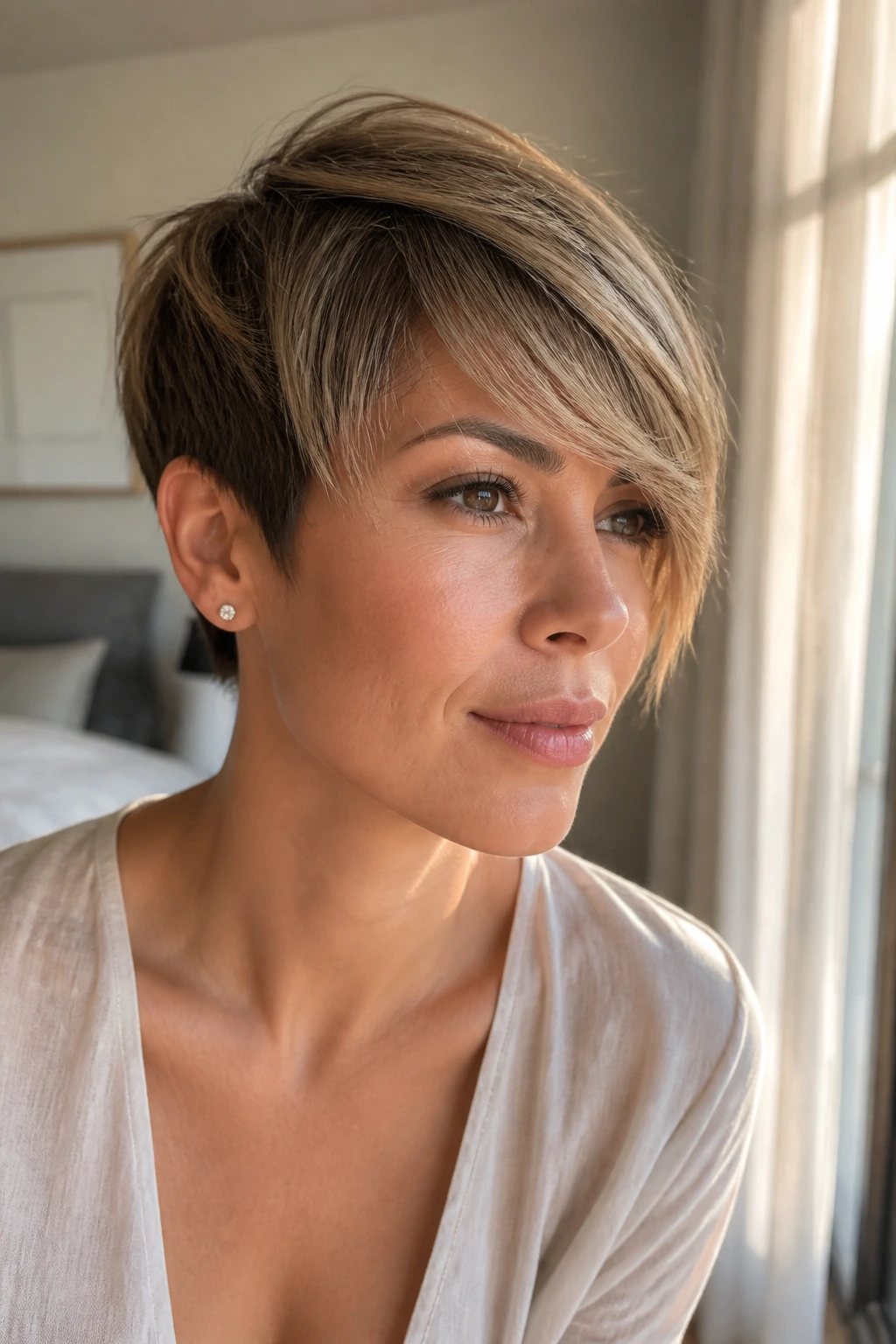 Close-up portrait of a real woman with tapered pixie and long front bangs in sunlit bedroom