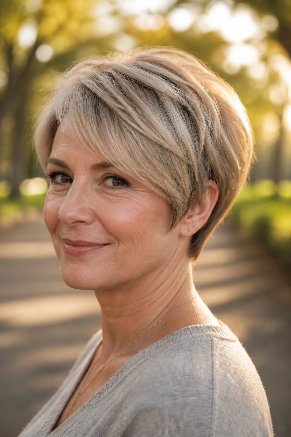 Real person with a tapered pixie bob in golden hour outdoor light.