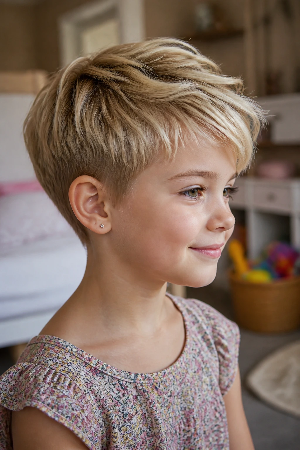 Child with tapered pixie and soft neckline in a warm indoor setting