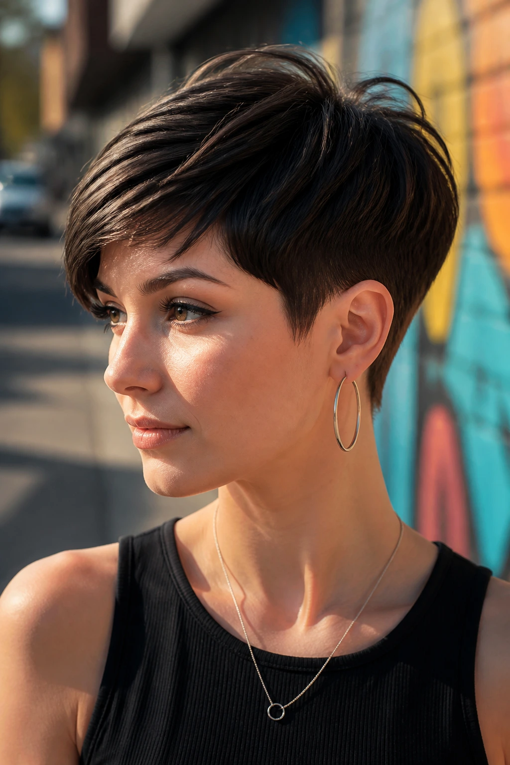 Close-up of a woman with a tapered pixie crop on a sunlit street with a mural backdrop