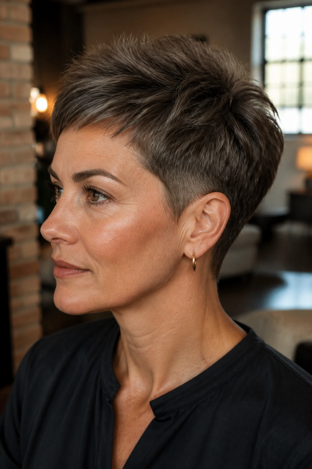 Close-up portrait of a real woman with tapered crop hairstyle
