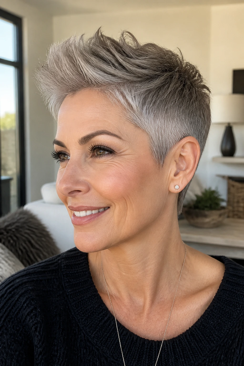 Close-up of a real woman with a tapered pixie and crown height