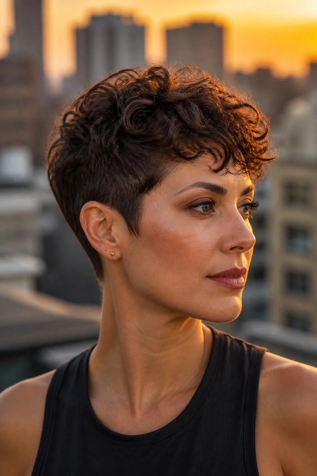 Portrait of a woman with a tapered pixie and choppy crown layers