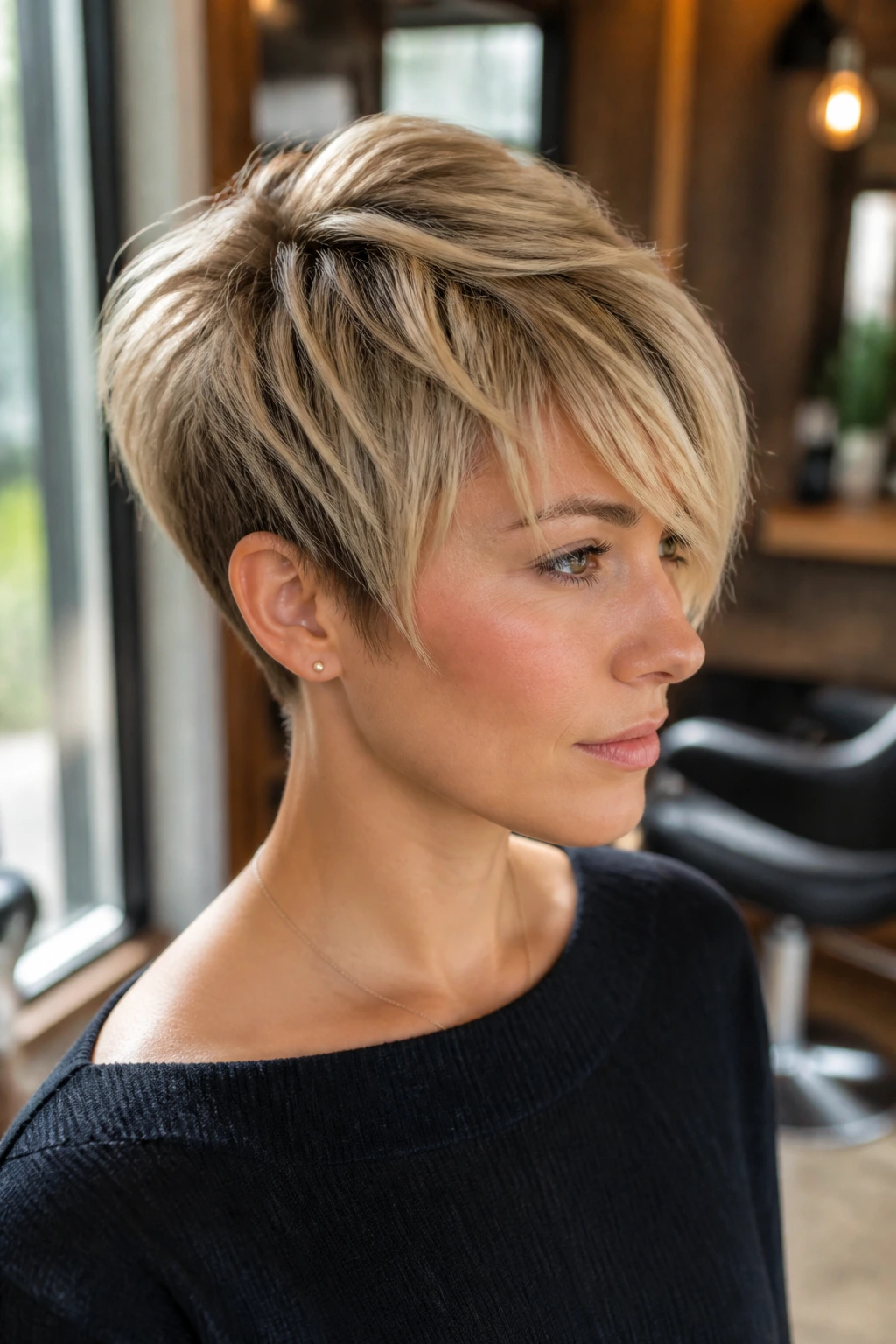 Close-up of a real person with a tapered pixie and crown layers in a salon setting.