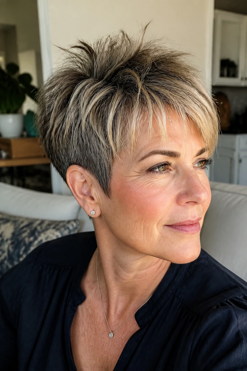 Real woman with a tapered pixie showing crown lift in natural daylight